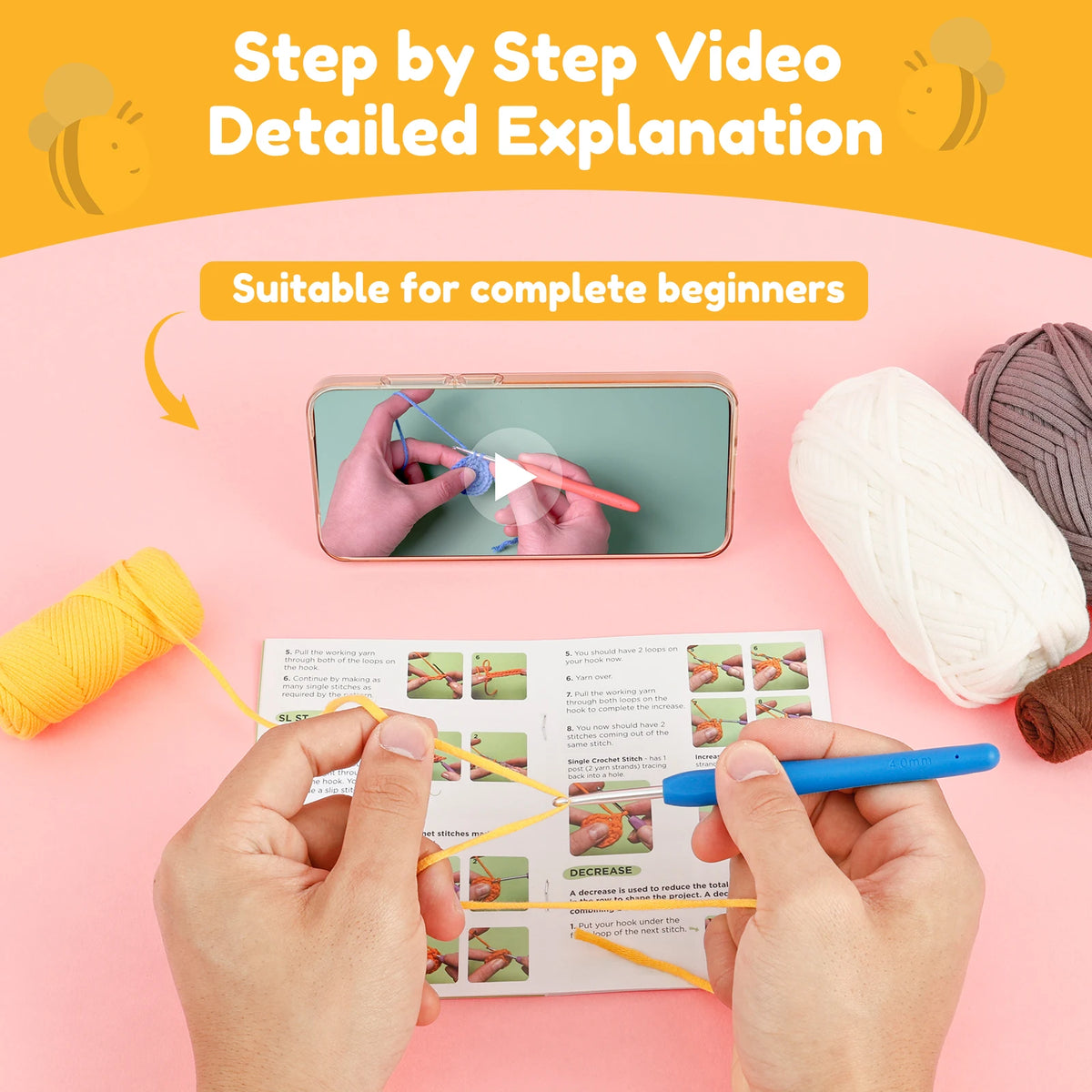 Hands demonstrate a step-by-step video explanation of making a crochet item with soft wool yarn.