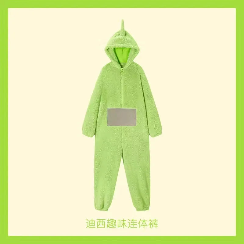 A lime green, hooded one-piece pajama costume inspired by Teletubbies.