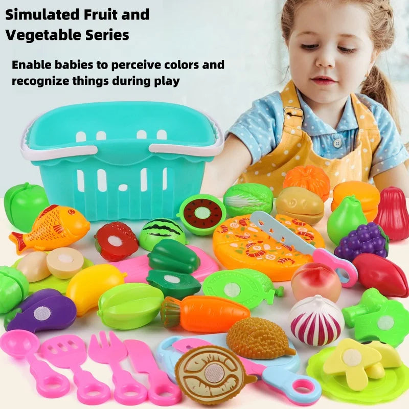 A set of simulated fruit and vegetable toys including plastic cutting tools and colorful food items for children.