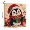 A diamond painting kit featuring a festive penguin decorated with red and green elements and surrounded by sparkling pearls.