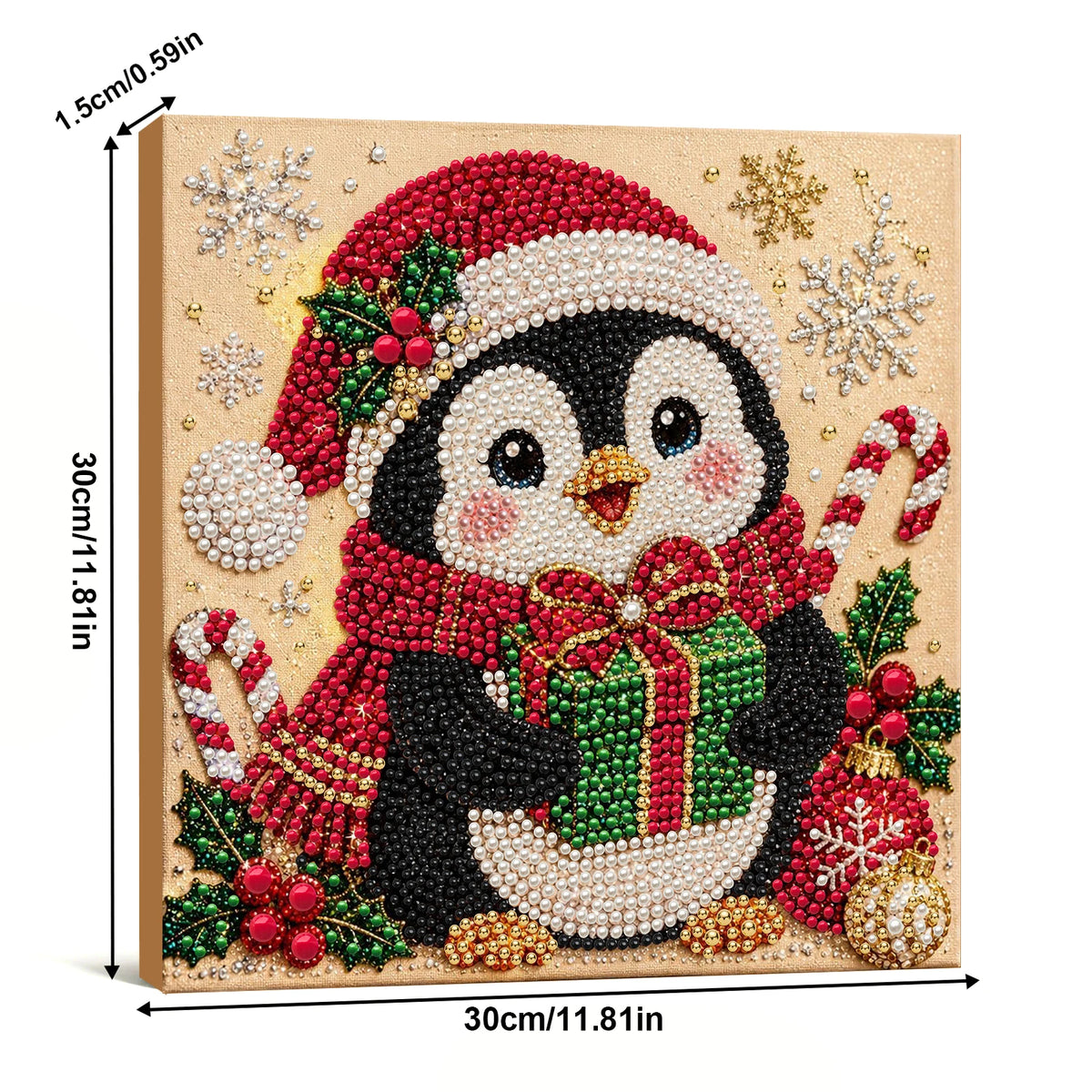 A diamond painting kit featuring a festive penguin decorated with red and green elements and surrounded by sparkling pearls.