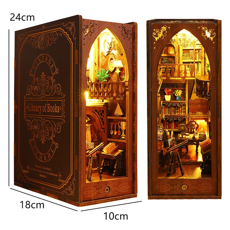A wooden DIY book nook kit featuring an arched display with warm LED lighting and detailed miniature books.