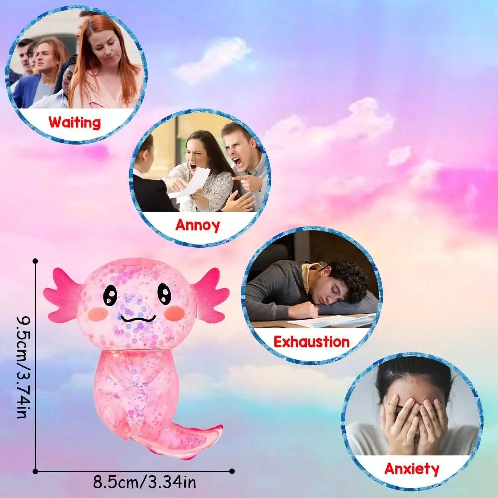 A pink squishy axolotl stress relief fidget toy shown alongside images depicting waiting, annoyance, exhaustion, and anxiety.
