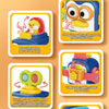 A set of six sensory activity toys designed for toddlers, including a penguin toy, a clockwork toy, and a roller toy.