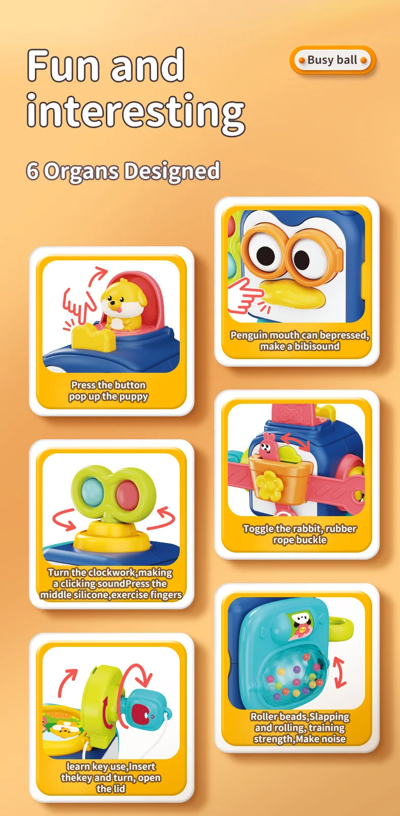 A set of six sensory activity toys designed for toddlers, including a penguin toy, a clockwork toy, and a roller toy.