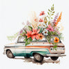 Watercolor painting of a vintage light blue truck decorated with colorful floral arrangements.