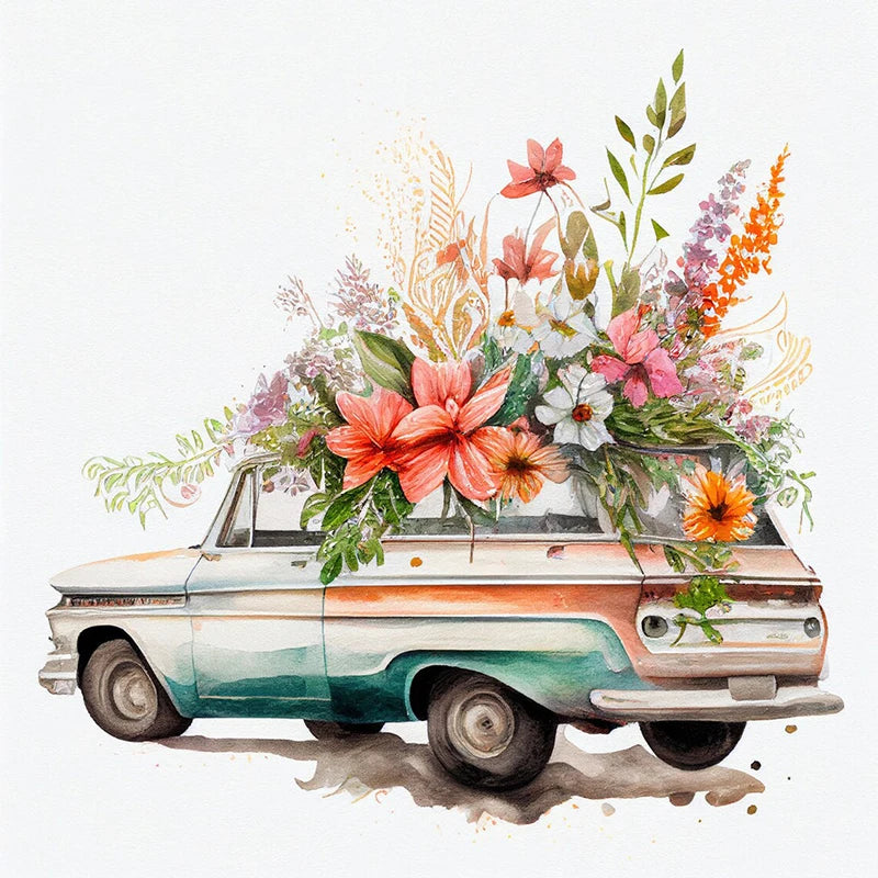 Watercolor painting of a vintage light blue truck decorated with colorful floral arrangements.