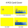 A set of four yellow card covers for credit cards, including full cover, half cover, and versions with chip or window.