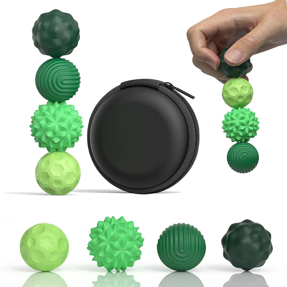 A set of magnetic sensory fidget balls in various shades of green and dark green, shown individually and in a black storage c