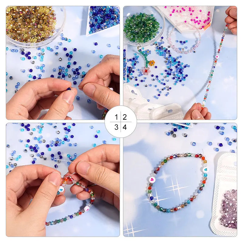 Hands are assembling colorful faceted crystal bicone glass beads for jewelry making.