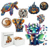 A collection of wooden jigsaw puzzles featuring animals including a sea turtle, elephants, and a dragon character.