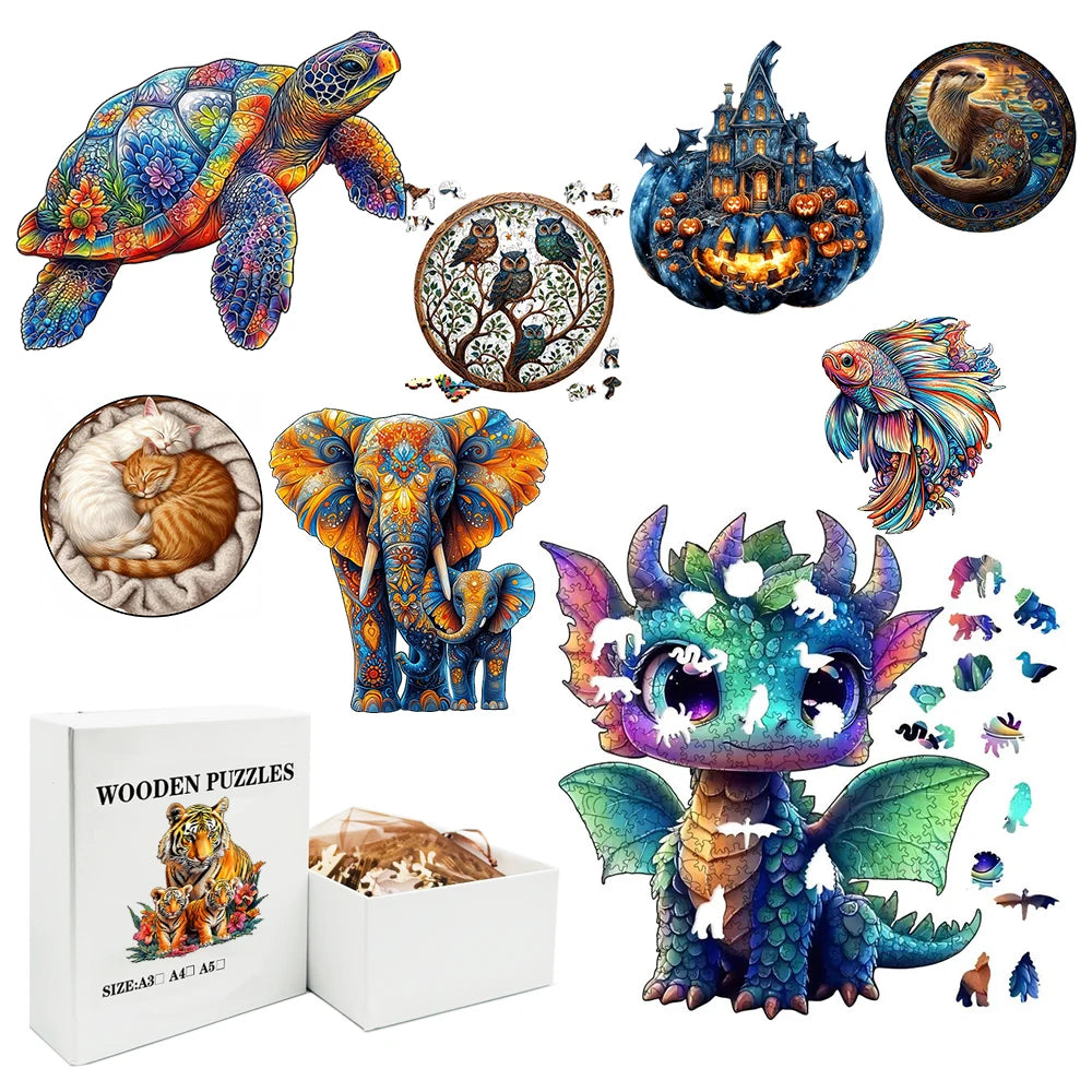 A collection of wooden jigsaw puzzles featuring animals including a sea turtle, elephants, and a dragon character.