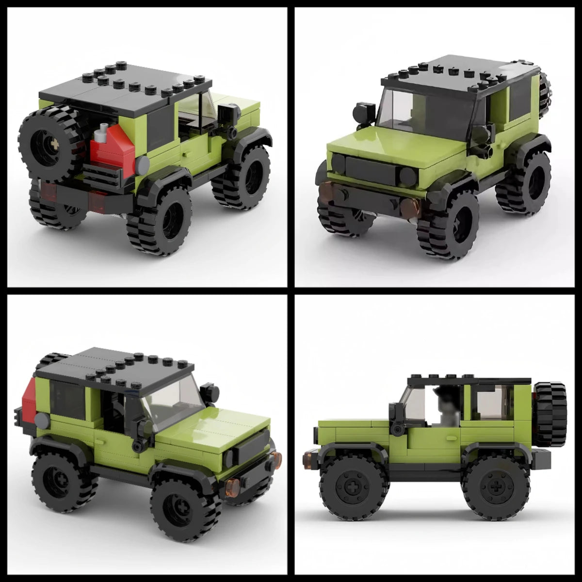 A detailed off-road SUV building block set shown in multiple views and colors.
