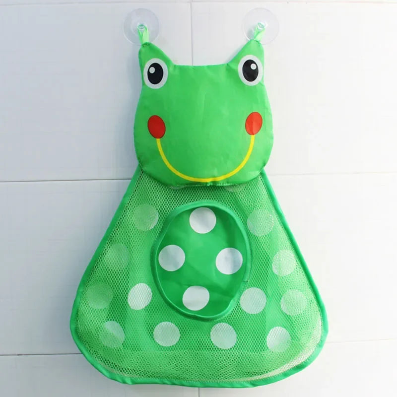 A bright green frog toy storage bag with suction cups and a frog-like face design.