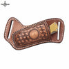 A brown leather knife sheath with a belt loop and a yellow blade visible through the opening.