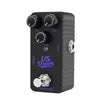 A black mini guitar effects pedal with controls for volume, distortion, tone, and input.