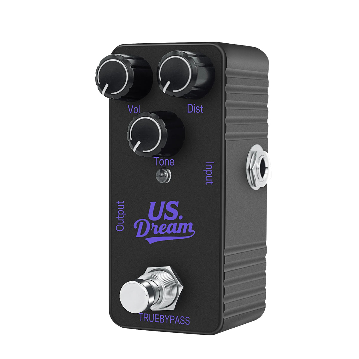 A black mini guitar effects pedal with controls for volume, distortion, tone, and input.