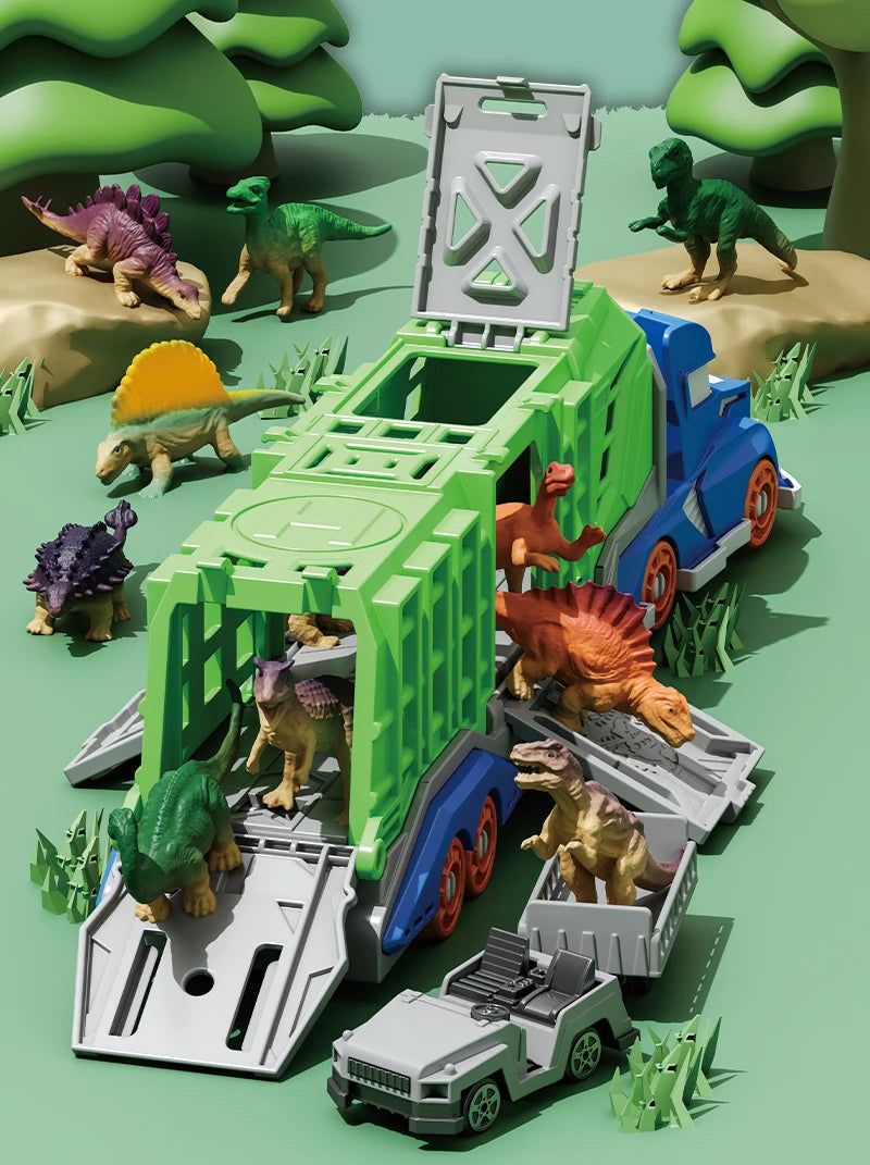 Dinosaur Transport Truck Playset with 12 Figures and 2 Mini Cars
