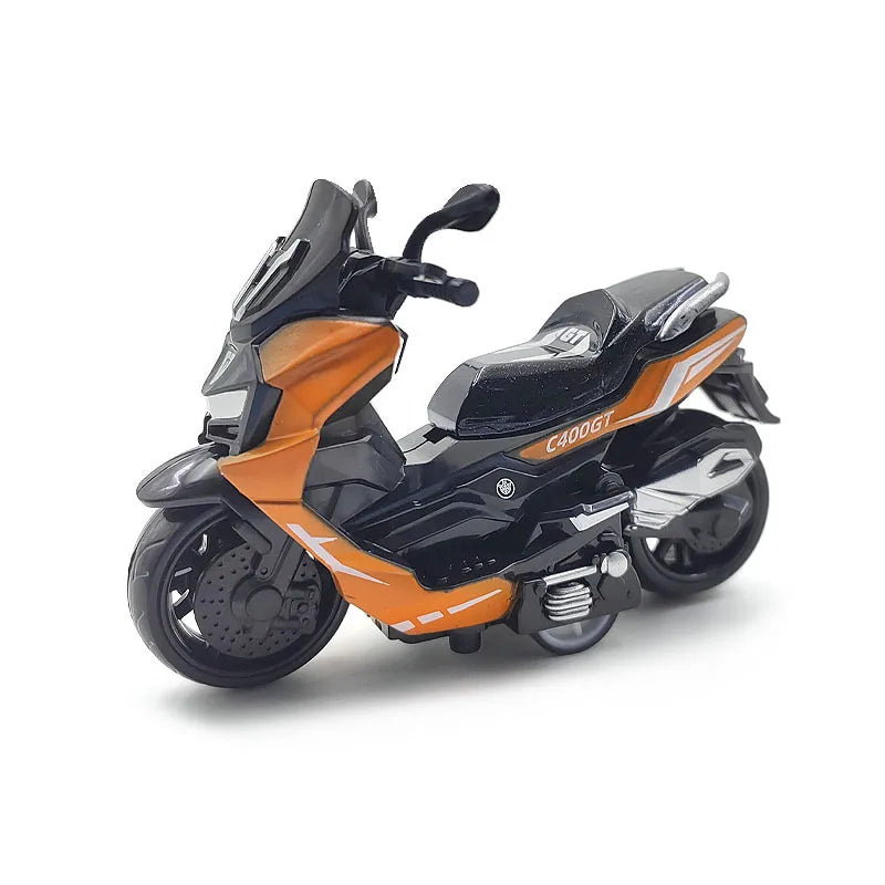 A black and orange vintage-style pull-back motorcycle toy car for kids.