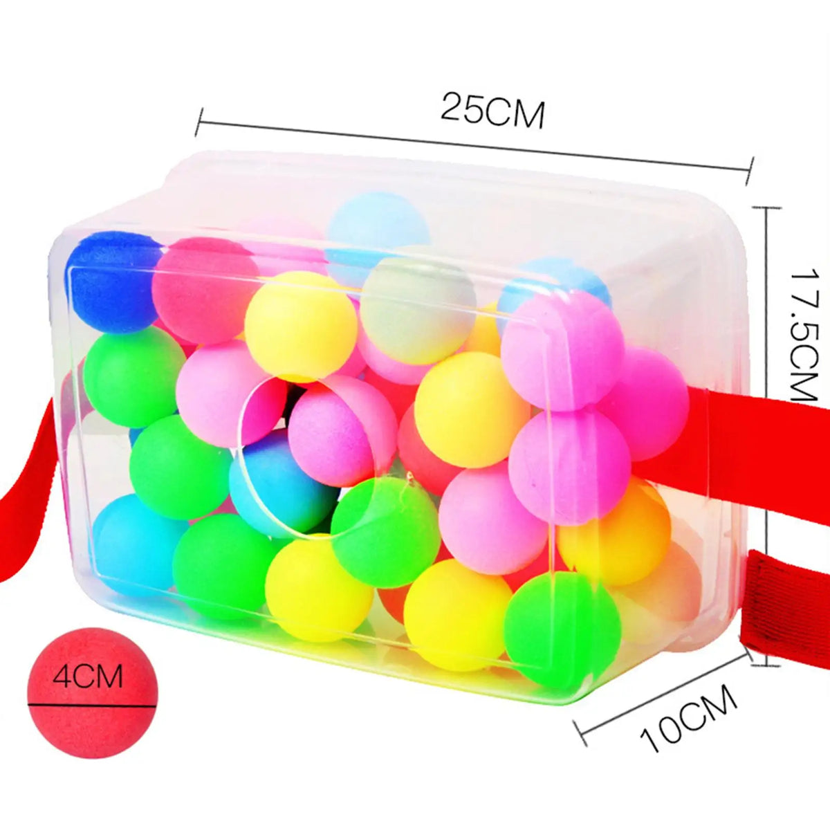 Clear plastic container filled with colorful bouncy balls for a party game