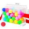 Clear plastic container filled with colorful bouncy balls for a party game