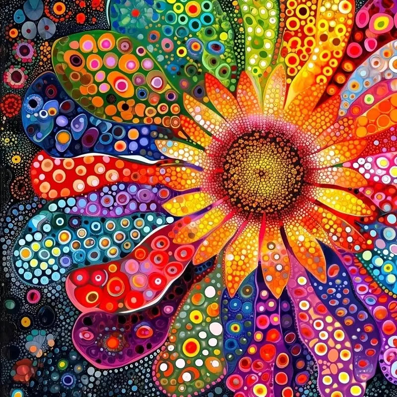 A vibrant sunflower floral art piece created with 5D diamond painting, featuring bright yellows, oranges, reds, and greens.