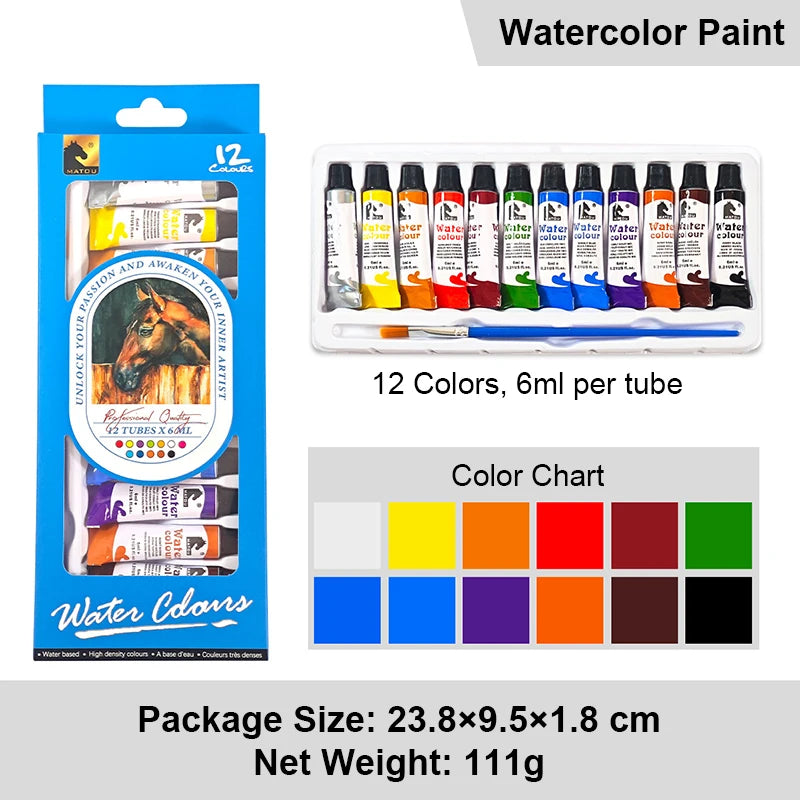 A watercolor paint set featuring 12 tubes of colored paint for DIY art projects with a color chart.
