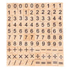 A grid of wooden alphabet and number blocks arranged in rows and columns.