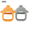 A pair of silicone teethers shaped like baby hands in orange and gray.