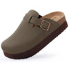 A pair of olive green suede cork mules with a brown leather strap and arch support.