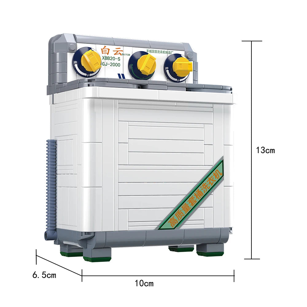 A white retro radio building block set with yellow and blue knobs and a green panel.