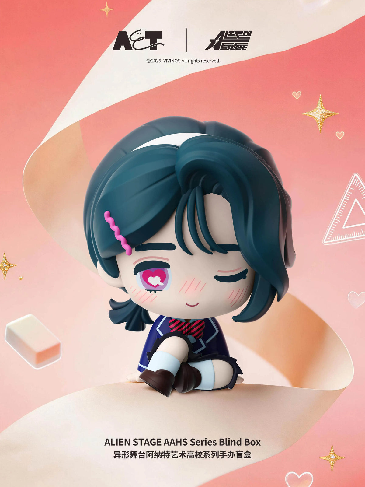 A blind box figure of a female character with dark blue hair and pink accents from the Alien Stage Art School Series.