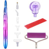 A kit of diamond painting tools including a pen, roller tool, and various shaping and application tools.