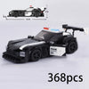 A black and white police car building block set with accessories shown from the side and top view.