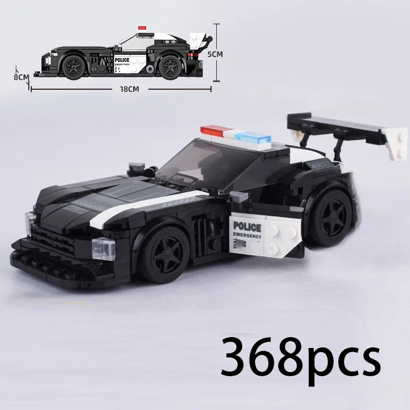 A black and white police car building block set with accessories shown from the side and top view.