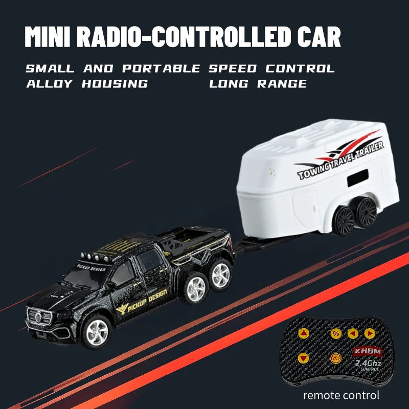 A black mini radio-controlled car is shown towing a white trailer, with a remote control visible.