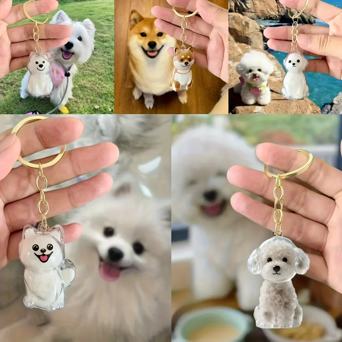 A collection of dog-shaped pet hair keepsakes and keychains featuring various breeds and colors.