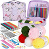 A purple organizer case holds a 59-piece beginner crochet kit including various needles, hooks, and yarn balls.