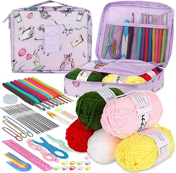 A purple organizer case holds a 59-piece beginner crochet kit including various needles, hooks, and yarn balls.