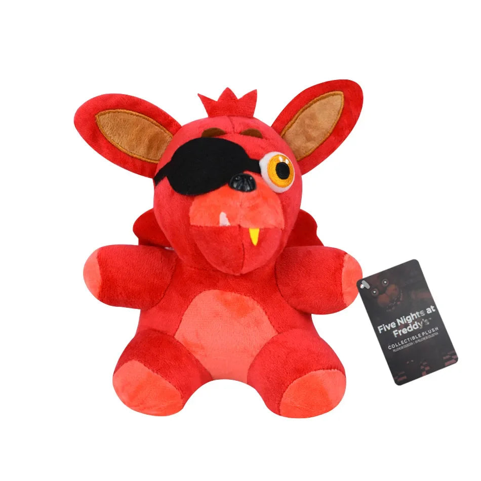 A plush toy of a red rabbit character with large ears and black markings.