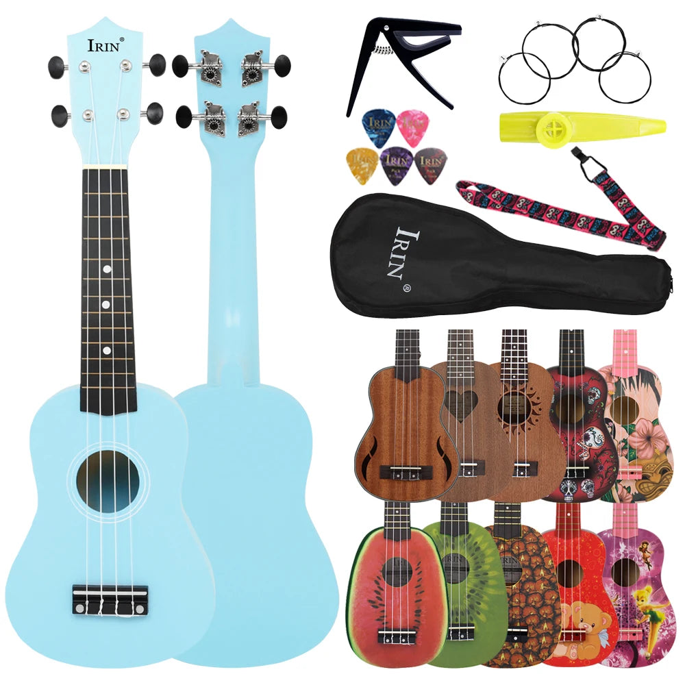 A light blue ukulele is shown alongside a matching kit including a pick, tuner, and various ukulele bodies.