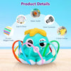 A bright blue octopus water spray sprinkler for kids with colorful wiggling tubes and hose connectors.
