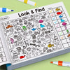 An open coloring book page titled Look & Find featuring various objects for children to locate and color.