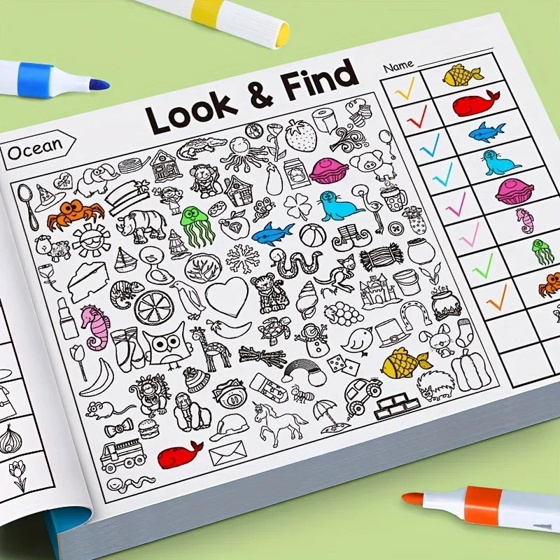 An open coloring book page titled Look & Find featuring various objects for children to locate and color.