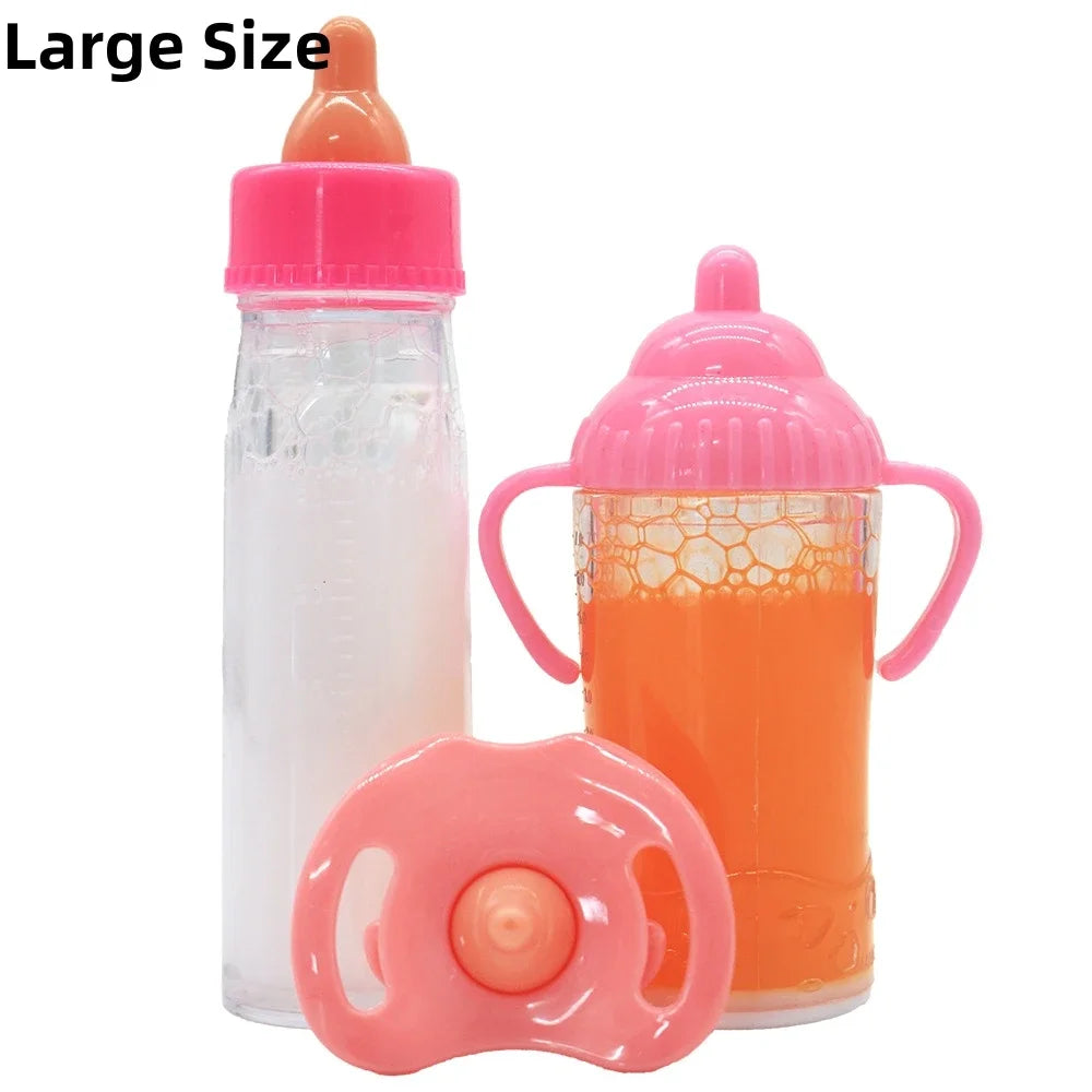 A large pink and clear feeding bottle set with a silicone pacifier toy