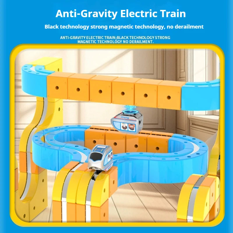 A magnetic anti-gravity electric train building set with an electric track is shown in yellow and blue components.