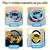 Interactive steering wheel toy shown in various scenarios: door, tile wall, and car co-pilot.