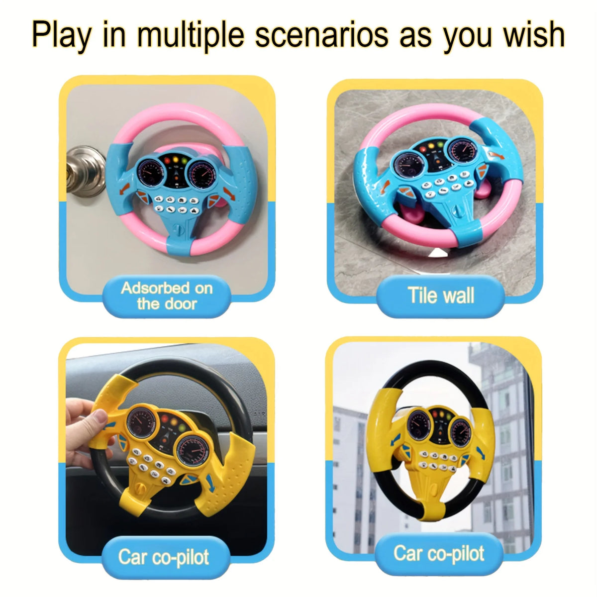 Interactive steering wheel toy shown in various scenarios: door, tile wall, and car co-pilot.