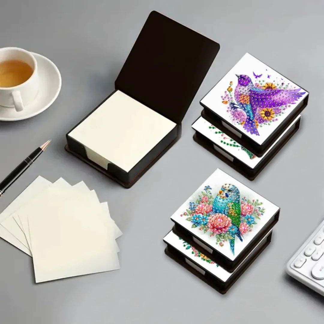DIY diamond painting animal pattern with 150 gemstones displayed in an open storage box and alongside blank cards.