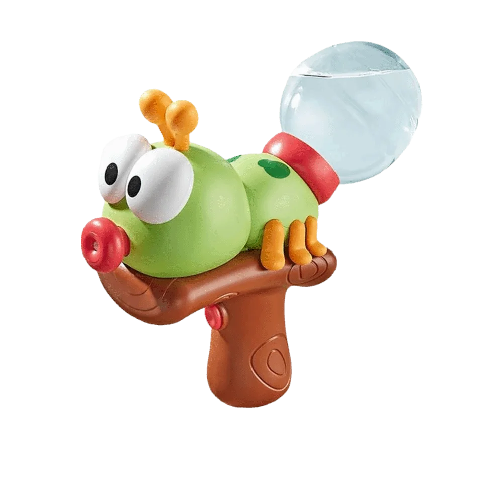 A green ant-shaped water blaster toy with large eyes and orange legs is shown next to a clear water sphere.